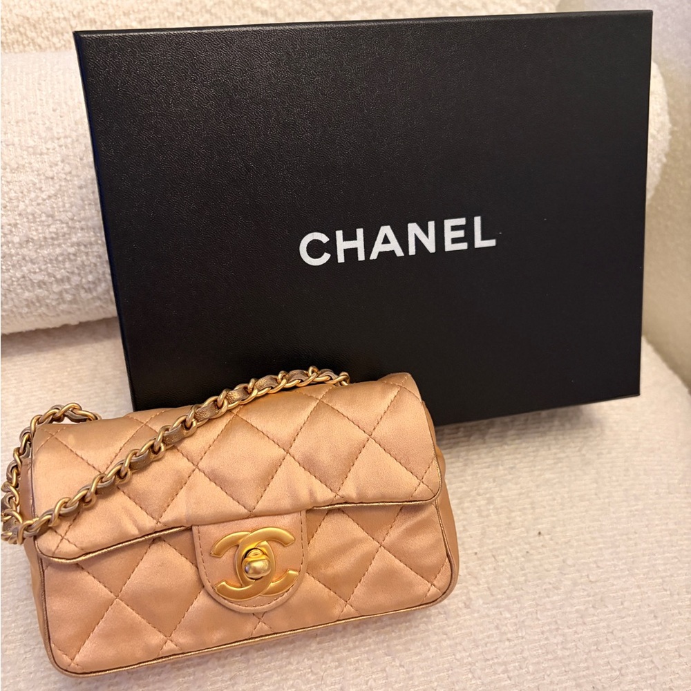 CHANEL Quilted Silk Mini Crossbody Bag in champagne